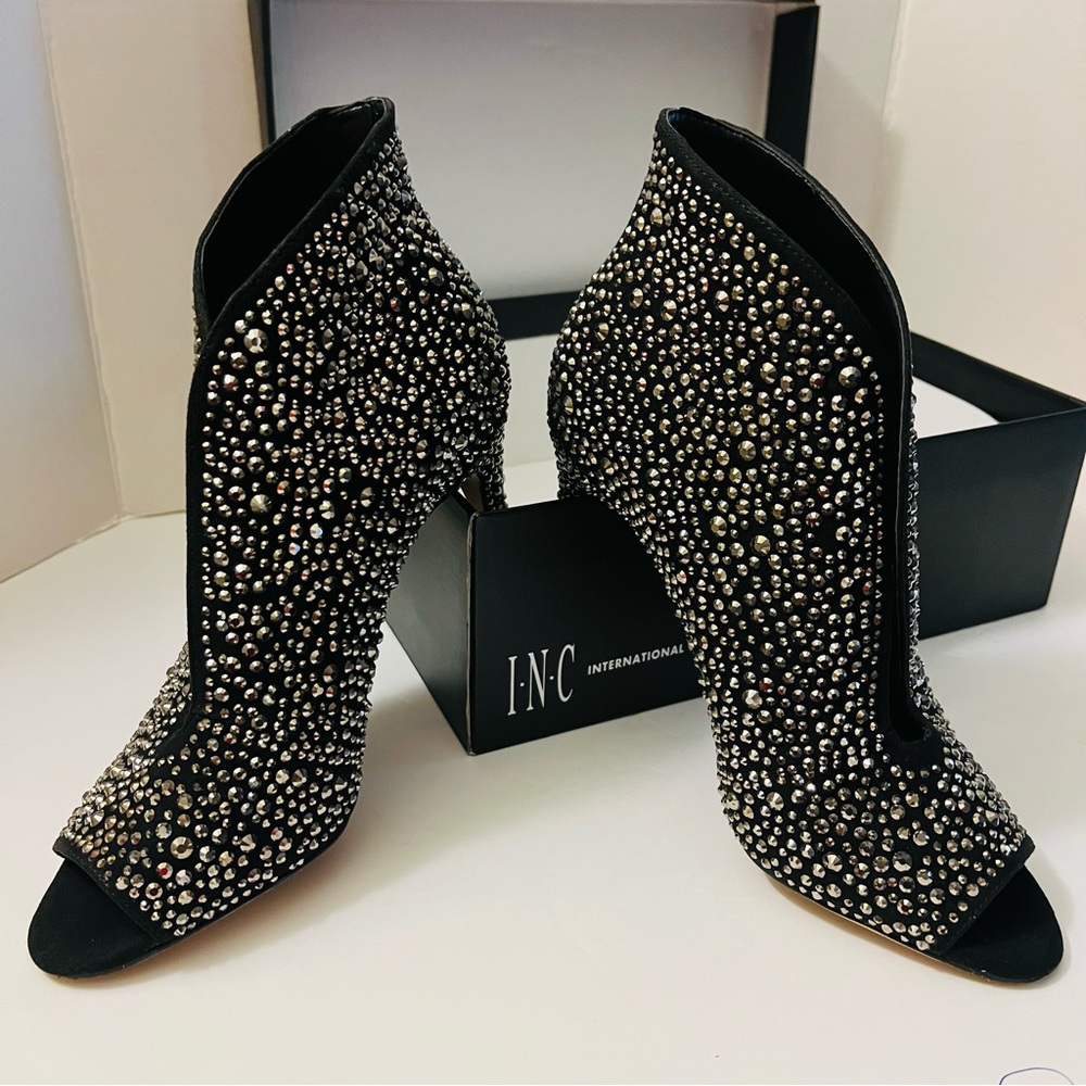 INC International Concepts Black Ankle Rhinestone Open-Toe Booties Size 9M